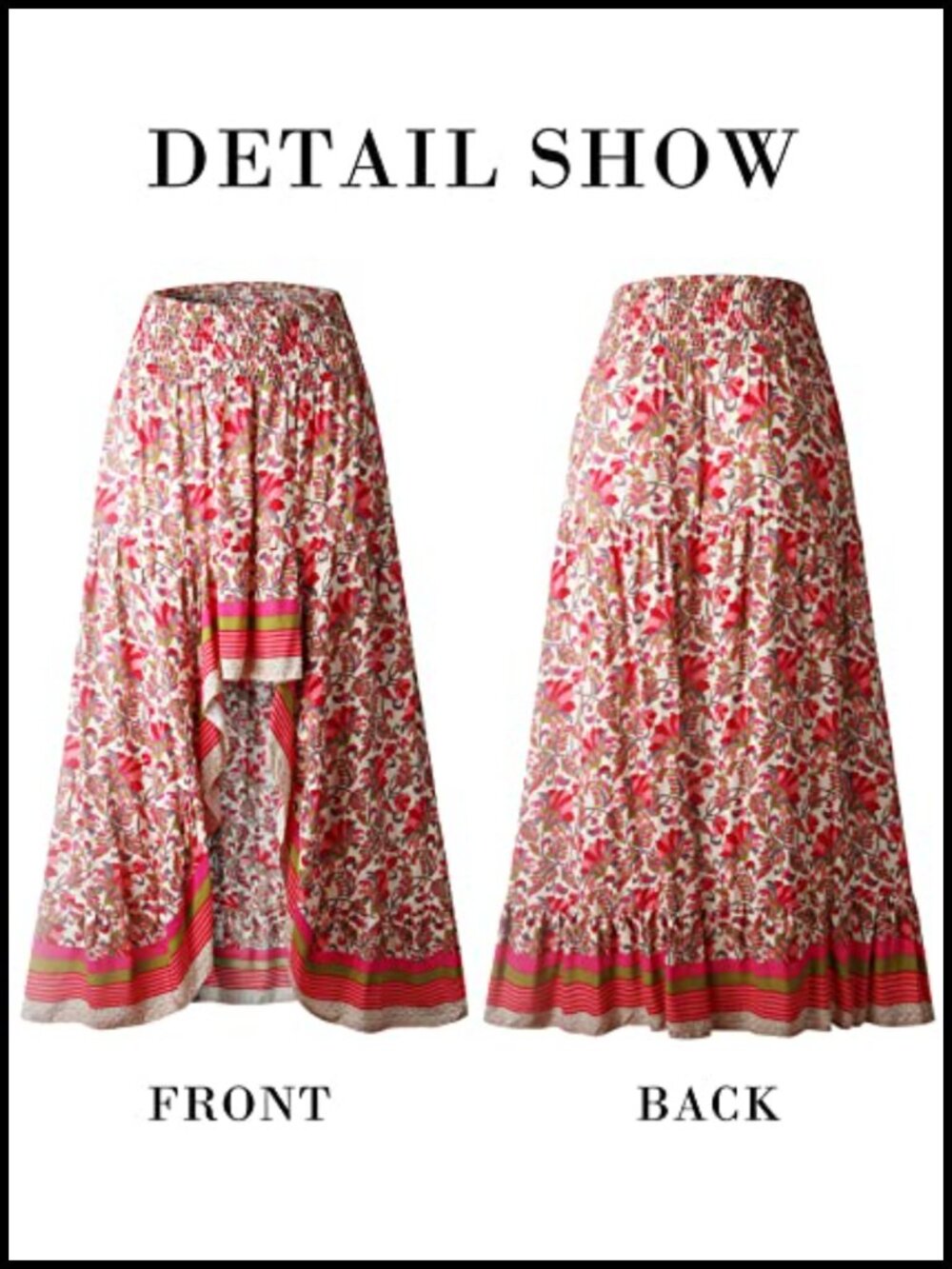 Women's Floral Print High Low Ruffle Maxi Skirt - Elastic Waist - Picture 4 of 6
